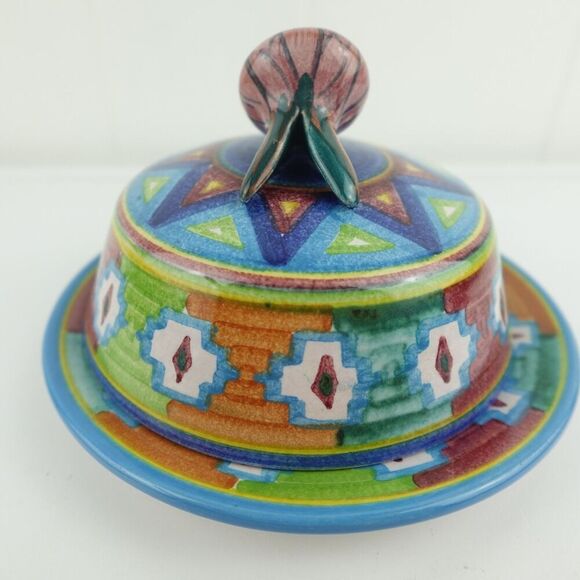 Mexican Colorful Pottery Art Covered Butter Cheese Dish Signed By The Artist - Picture 2 of 12